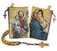 YXBZKGDCNG Bolsa de rosario con cuerda católica de madera de olivo de Israel, Jesús Rey del Universo y I Believe in God Prayer tela tejida estilo tapiz bolsa de viaje, juego de regalo religioso