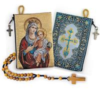 YXBZKGDCNG Bolsa de rosario con cuerda católica de madera de olivo de Israel, Jesús Rey del Universo y I Believe in God Prayer tela tejida estilo tapiz bolsa de viaje, juego de regalo religioso