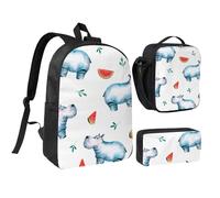 YXDVPALNE Acuarela Lindo Hipopótamo Sandía,Mochila para estudiantes, bolsa de almuerzo y estuche de lápices (3 piezas)