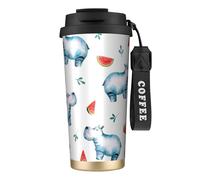 YXDVPALNE Acuarela Lindo Hipopótamo Sandía,Taza de café de acero inoxidable 316 con cordón, vaso térmico de viaje para coche, 500 ml