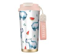 YXDVPALNE Acuarela Lindo Hipopótamo Sandía,Taza de café de acero inoxidable 316 con cordón, vaso térmico de viaje para coche, 500 ml