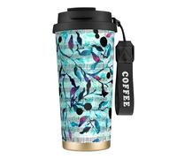 YXDVPALNE Acuarela Música Ramas Hojas,Taza de café de acero inoxidable 316 con cordón, vaso térmico de viaje para coche, 500 ml