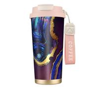 YXDVPALNE Ágata abstracta púrpura, azul y dorada,Taza de café de acero inoxidable 316 con cordón, vaso térmico de viaje para coche, 500 ml