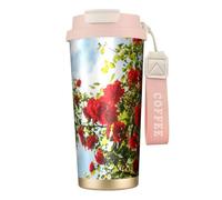 YXDVPALNE Arbusto de rosas rojas impreso,Taza de café de acero inoxidable 316 con cordón, vaso térmico de viaje para coche, 500 ml