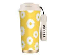 YXDVPALNE Aster blanco margarita amarilla,Taza de café de acero inoxidable 316 con cordón, vaso térmico de viaje para coche, 500 ml