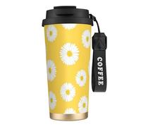 YXDVPALNE Aster blanco margarita amarilla,Taza de café de acero inoxidable 316 con cordón, vaso térmico de viaje para coche, 500 ml