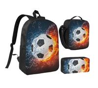 YXDVPALNE Balón de fútbol en llamas y agua,Mochila para estudiantes, bolsa de almuerzo y estuche de lápices (3 piezas)