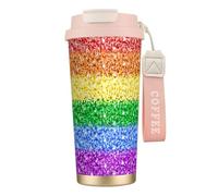 YXDVPALNE Bandera del orgullo LGBT con brillo y purpurina,Taza de café de acero inoxidable 316 con cordón, vaso térmico de viaje para coche, 500 ml