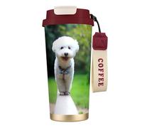 YXDVPALNE Bichón Frisé Bokeh Mascotas Perros Parque Perros Blancos,Taza de café de acero inoxidable 316 con cordón, vaso térmico de viaje para coche, 500 ml