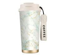 YXDVPALNE Blanco Menta Verde Mármol Dorado Gris Glamour,Taza de café de acero inoxidable 316 con cordón, vaso térmico de viaje para coche, 500 ml