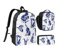 YXDVPALNE Blues Saxofón Piano Violonchelo Bajo,Mochila para estudiantes, bolsa de almuerzo y estuche de lápices (3 piezas)