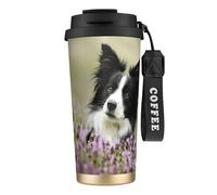 YXDVPALNE Border Collie Césped Negro Border Collie Mascotas,Taza de café de acero inoxidable 316 con cordón, vaso térmico de viaje para coche, 500 ml