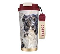 YXDVPALNE Border Collie Perros negros blancos como la nieve en invierno,Taza de café de acero inoxidable 316 con cordón, vaso térmico de viaje para coche, 500 ml