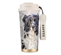 YXDVPALNE Border Collie Perros negros blancos como la nieve en invierno,Taza de café de acero inoxidable 316 con cordón, vaso térmico de viaje para coche, 500 ml