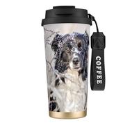 YXDVPALNE Border Collie Perros negros blancos como la nieve en invierno,Taza de café de acero inoxidable 316 con cordón, vaso térmico de viaje para coche, 500 ml