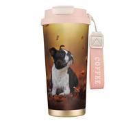 YXDVPALNE Boston Terrier Otoño Bokeh Perros Perros,Taza de café de acero inoxidable 316 con cordón, vaso térmico de viaje para coche, 500 ml