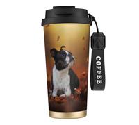 YXDVPALNE Boston Terrier Otoño Bokeh Perros Perros,Taza de café de acero inoxidable 316 con cordón, vaso térmico de viaje para coche, 500 ml