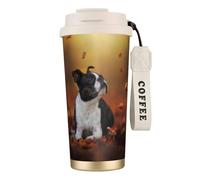 YXDVPALNE Boston Terrier Otoño Bokeh Perros Perros,Taza de café de acero inoxidable 316 con cordón, vaso térmico de viaje para coche, 500 ml