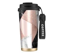 YXDVPALNE Brillo dorado rosa, mármol blanco y negro geométrico,Taza de café de acero inoxidable 316 con cordón, vaso térmico de viaje para coche, 500 ml