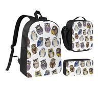 YXDVPALNE Búhos lindos de acuarela,Mochila para estudiantes, bolsa de almuerzo y estuche de lápices (3 piezas)