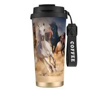 YXDVPALNE Caballo salvaje corriendo contra una tormenta de arena,Taza de café de acero inoxidable 316 con cordón, vaso térmico de viaje para coche, 500 ml