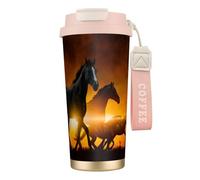 YXDVPALNE Caballos negros con nubes rojas brillantes impresas,Taza de café de acero inoxidable 316 con cordón, vaso térmico de viaje para coche, 500 ml