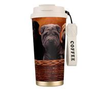 YXDVPALNE Cachorro Shar Pei Negro Perros Pequeños Cachorro Gris Mascotas,Taza de café de acero inoxidable 316 con cordón, vaso térmico de viaje para coche, 500 ml