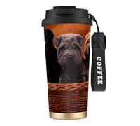 YXDVPALNE Cachorro Shar Pei Negro Perros Pequeños Cachorro Gris Mascotas,Taza de café de acero inoxidable 316 con cordón, vaso térmico de viaje para coche, 500 ml