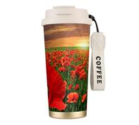 YXDVPALNE Campo de amapolas al atardecer,Taza de café de acero inoxidable 316 con cordón, vaso térmico de viaje para coche, 500 ml