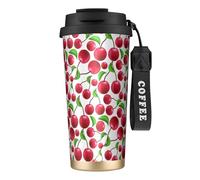 YXDVPALNE Cerezas rojas impresas,Taza de café de acero inoxidable 316 con cordón, vaso térmico de viaje para coche, 500 ml