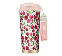 YXDVPALNE Cerezas rojas impresas,Taza de café de acero inoxidable 316 con cordón, vaso térmico de viaje para coche, 500 ml