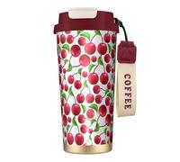 YXDVPALNE Cerezas rojas impresas,Taza de café de acero inoxidable 316 con cordón, vaso térmico de viaje para coche, 500 ml