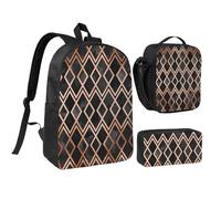 YXDVPALNE Cobre y diamantes geo negros,Mochila para estudiantes, bolsa de almuerzo y estuche de lápices (3 piezas)