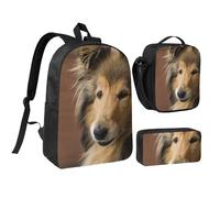 YXDVPALNE Collie de pelo largo Lassie Perros Perros grandes y esponjosos Mascotas,Mochila para estudiantes, bolsa de almuerzo y estuche de lápices (3 piezas)