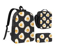 YXDVPALNE Comida Huevos Fritos Oscuros,Mochila para estudiantes, bolsa de almuerzo y estuche de lápices (3 piezas)