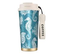 YXDVPALNE Conchas marinas, caballito de mar y coral,Taza de café de acero inoxidable 316 con cordón, vaso térmico de viaje para coche, 500 ml