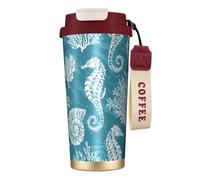 YXDVPALNE Conchas marinas, caballito de mar y coral,Taza de café de acero inoxidable 316 con cordón, vaso térmico de viaje para coche, 500 ml