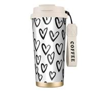 YXDVPALNE Corazón blanco y negro,Taza de café de acero inoxidable 316 con cordón, vaso térmico de viaje para coche, 500 ml