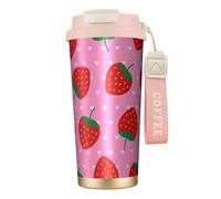 YXDVPALNE Corazón de fresas,Taza de café de acero inoxidable 316 con cordón, vaso térmico de viaje para coche, 500 ml