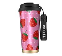 YXDVPALNE Corazón de fresas,Taza de café de acero inoxidable 316 con cordón, vaso térmico de viaje para coche, 500 ml