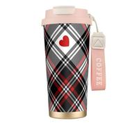 YXDVPALNE Corazones a cuadros de San Valentín,Taza de café de acero inoxidable 316 con cordón, vaso térmico de viaje para coche, 500 ml