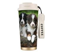 YXDVPALNE Cuarteto de cachorros pequeños de pastor australiano,Taza de café de acero inoxidable 316 con cordón, vaso térmico de viaje para coche, 500 ml