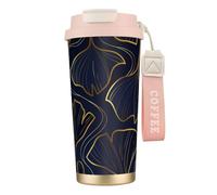 YXDVPALNE Degradado lineal dorado con hojas de ginkgo biloba,Taza de café de acero inoxidable 316 con cordón, vaso térmico de viaje para coche, 500 ml