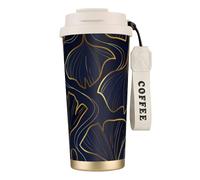 YXDVPALNE Degradado lineal dorado con hojas de ginkgo biloba,Taza de café de acero inoxidable 316 con cordón, vaso térmico de viaje para coche, 500 ml