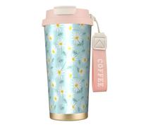YXDVPALNE Delicada margarita floral azul y blanca,Taza de café de acero inoxidable 316 con cordón, vaso térmico de viaje para coche, 500 ml