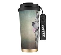 YXDVPALNE Dibujo de un retrato de un perro malamute de Alaska,Taza de café de acero inoxidable 316 con cordón, vaso térmico de viaje para coche, 500 ml