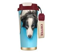 YXDVPALNE Divertido cachorro de perro border collie con fondo azul,Taza de café de acero inoxidable 316 con cordón, vaso térmico de viaje para coche, 500 ml