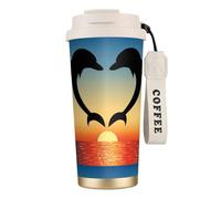 YXDVPALNE Dos delfines saltando en forma de corazón,Taza de café de acero inoxidable 316 con cordón, vaso térmico de viaje para coche, 500 ml