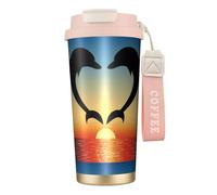 YXDVPALNE Dos delfines saltando en forma de corazón,Taza de café de acero inoxidable 316 con cordón, vaso térmico de viaje para coche, 500 ml