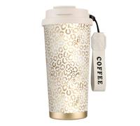 YXDVPALNE Elegante guepardo leopardo blanco dorado,Taza de café de acero inoxidable 316 con cordón, vaso térmico de viaje para coche, 500 ml